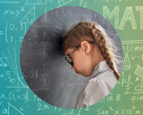 A young girl with glasses leans her head against a blackboard filled with Maths equations, symbolising anxiety and frustration towards learning Maths