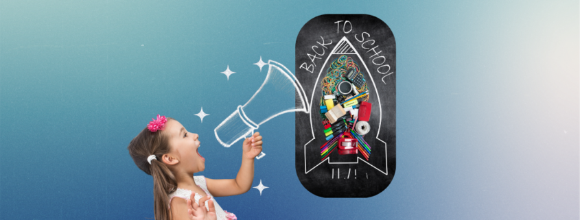 Confident child with a megaphone and back to school rocket drawing on a blackboard at School Beyond Limitations