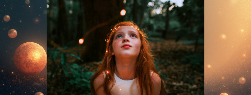 Child smiling in awe while looking at glowing lights in the forest
