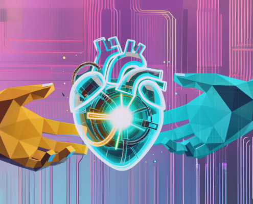 Human and AI hands holding a glowing heart, symbolising