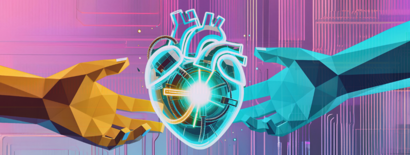 Human and AI hands holding a glowing heart, symbolising