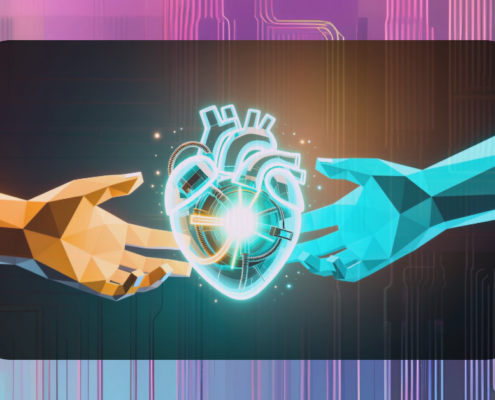 Human and AI hands holding a glowing heart, symbolising connection and the balance between technology and humanity.