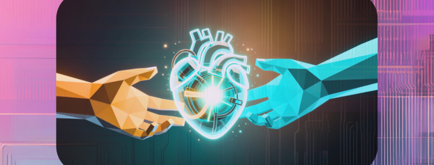 Human and AI hands holding a glowing heart, symbolising connection and the balance between technology and humanity.