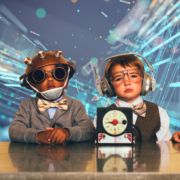 Two children dressed as inventors exploring technology and learning together, symbolising balanced digital engagement and creativity