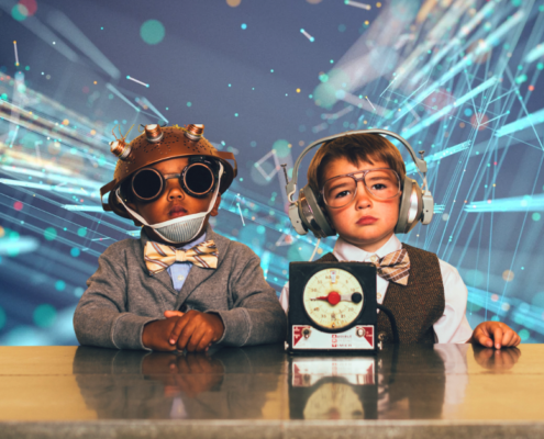 Two children dressed as inventors exploring technology and learning together, symbolising balanced digital engagement and creativity
